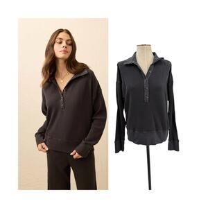 Faherty Apres Waffle Henley Washed Black Organic Cotton Pullover Size Medium